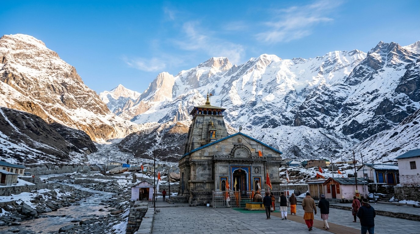 Kedarnath Temple and Himalayan snow peaks in Uttarakhand