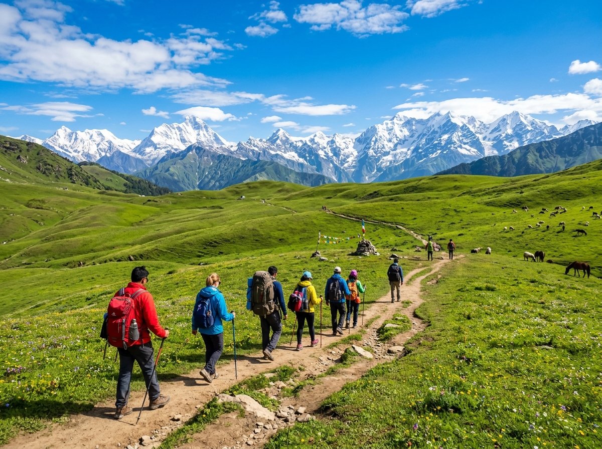 Trekkers in scenic Himalayan alpine meadows Uttarakhand